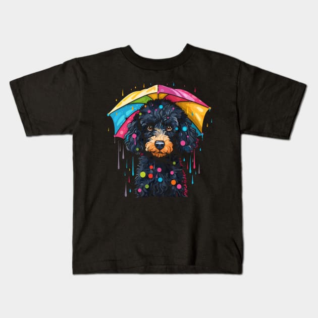 Poodle Rainy Day With Umbrella Kids T-Shirt by JH Mart